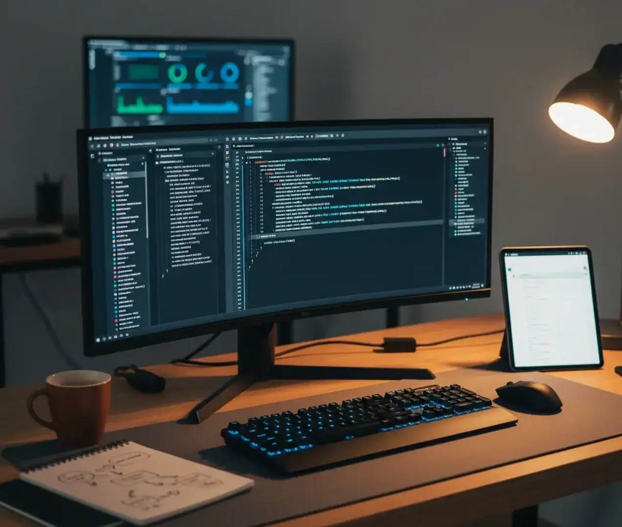 A developer's night-time workstation: an ultrawide monitor showing code in an editor, a second monitor with charts, a tablet, a blue-backlit mechanical keyboard, a mouse, and a coffee mug